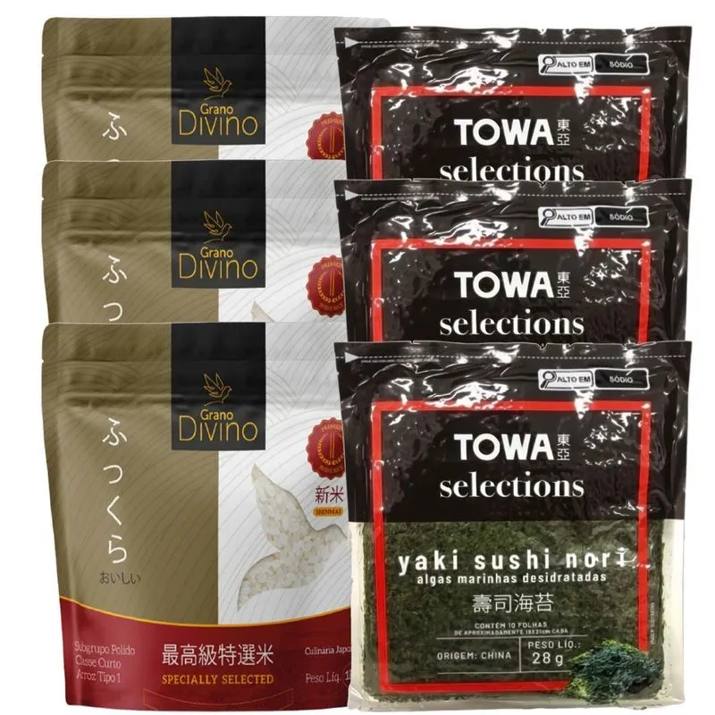 Kit Temaki 3x Arroz Sushi 1kg &amp; 3x Alga Marinha 10 Folhas