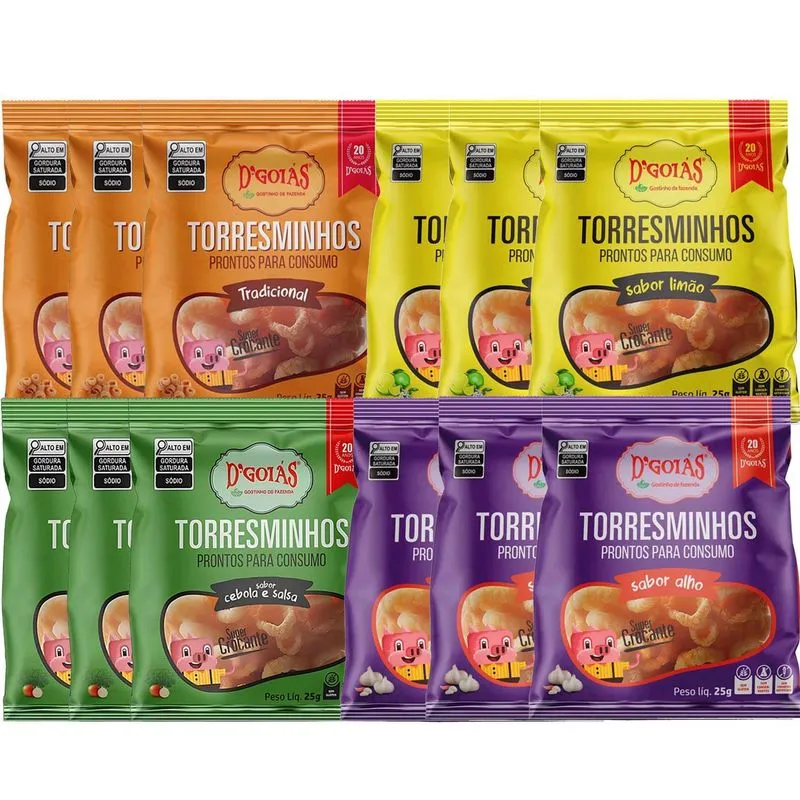 Kit Com 12 Und Pacote De Torresminho 4 Sabores Dgoias 25g