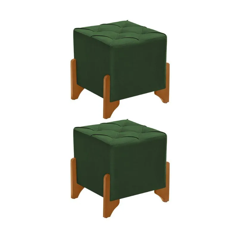 Kit 2 Puff Monet Em Veludo Verde Base Em Madeira Maciça - Cor: Verde