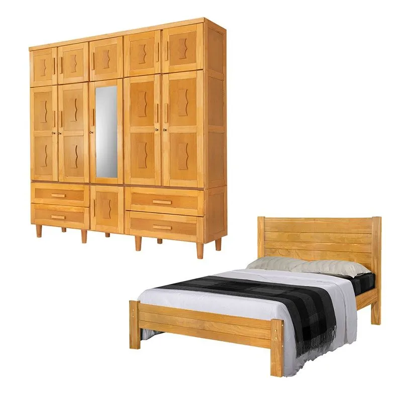 Kit Quarto Casal Cama Madeira Lara e Guarda Roupa com Espelho Chicago - Imbuia