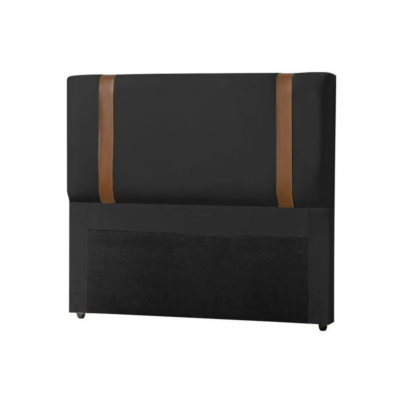 Cabeceira Casal Estofada Box Alça Em Couro Zeus 140Cm Veludo Preto - Cor: Preto
