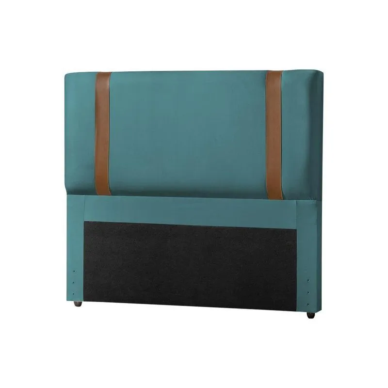 Cabeceira Casal Estofada Box Alça Em Couro Zeus 140Cm Veludo Azul - Cor: Preto