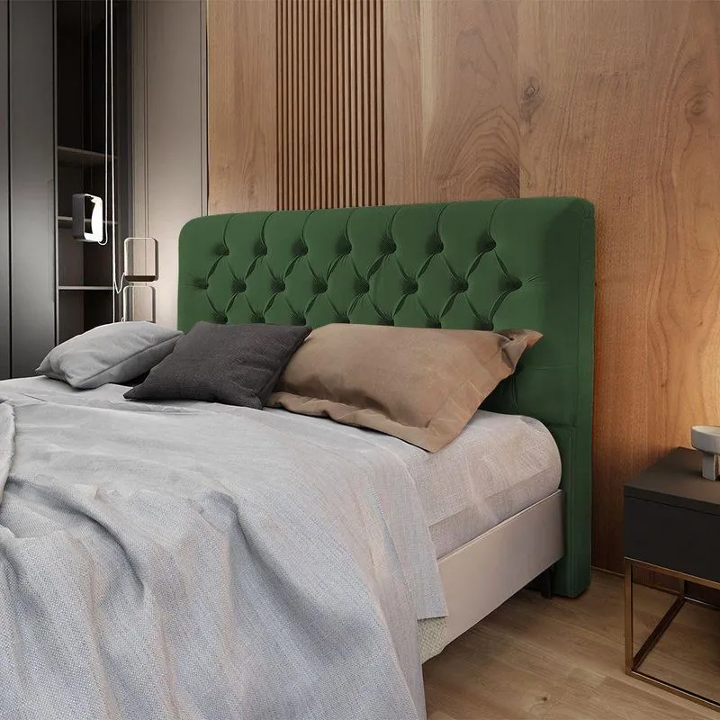 Cabeceira Cama Box Casal Queen Estofada Capitonê Ana Classic 160Cm Veludo Verde