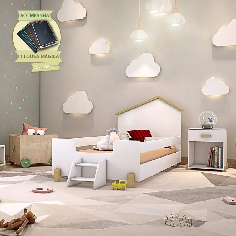 Cama de Criança Infantil Montessoriana Escadinha Solteiro Ayla Branca e Natural Incluso Lousa Mágica
