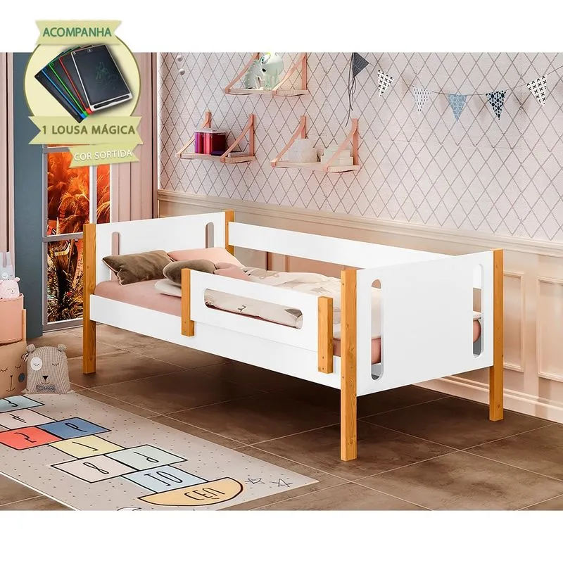 Cama de Solteiro Mirela Branco/ Mel com Grade de Proteção Incluso Lousa Mágica