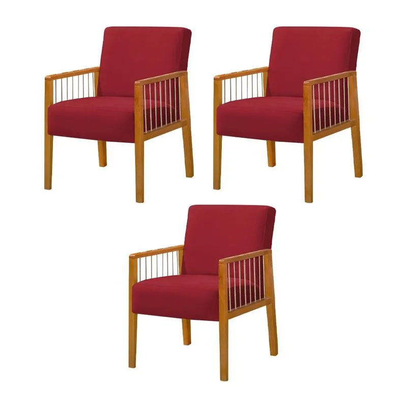 Kit 3 Poltronas Decorativa Base em Madeira Maciça e Corda Náutica Copacabana Veludo Vermelho