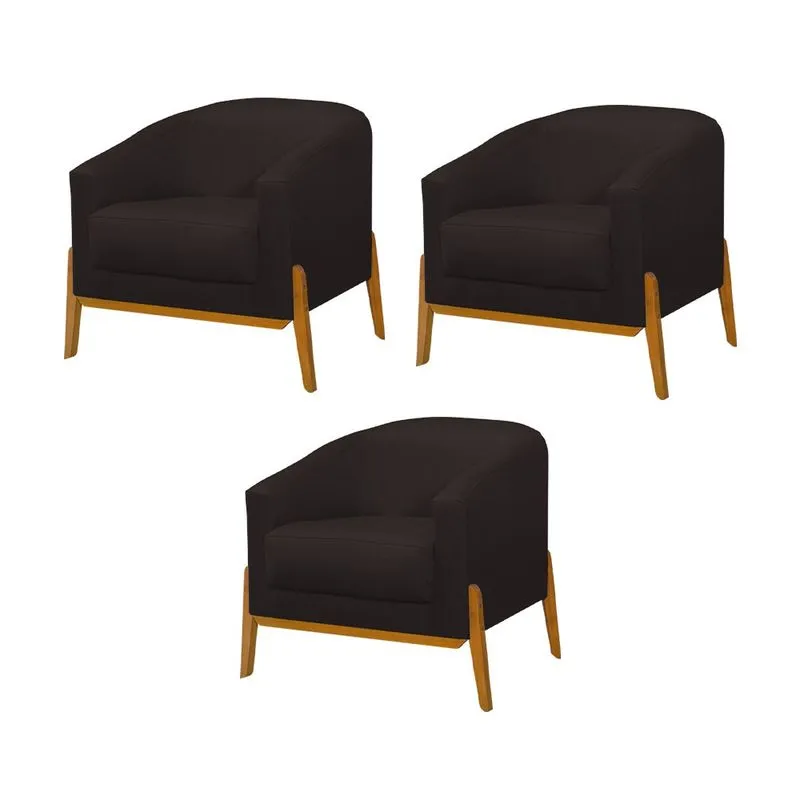 Kit 3 Poltronas Living Base em Madeira Maciça Flórida Linho Marrom Escuro