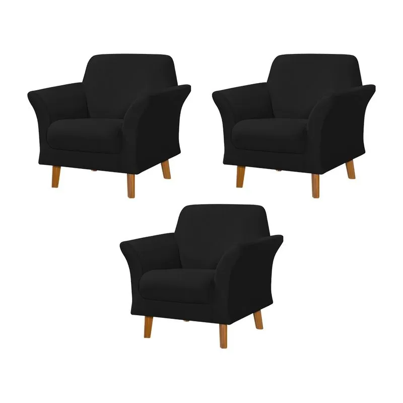 Kit 3 Poltronas Retrô Pés em Madeira Maciça Jamaica Veludo Preto