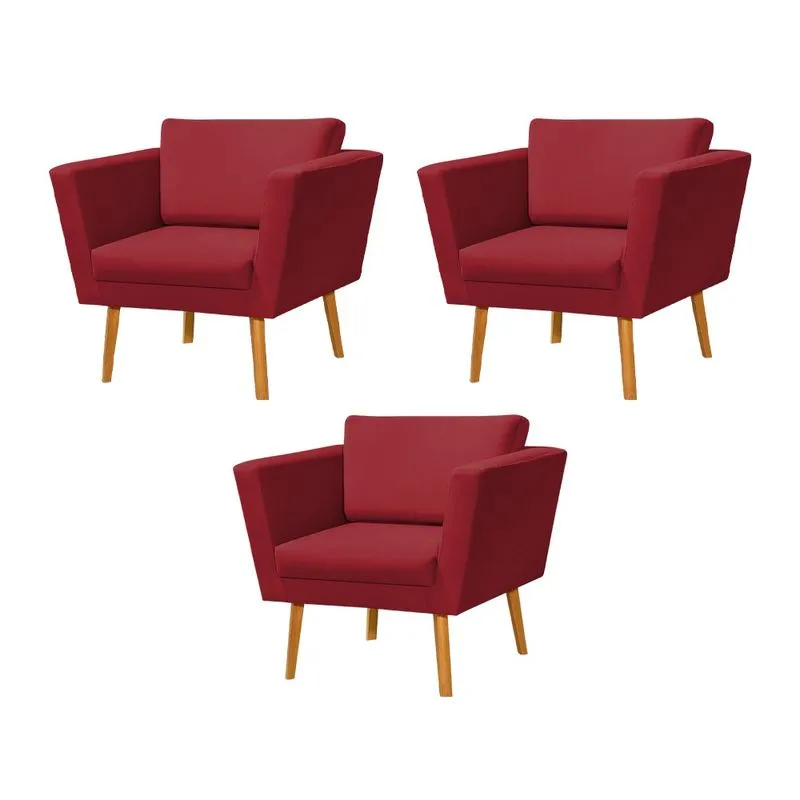 Kit 3 Poltronas Retrô Pés Palito em Madeira Paraty Veludo Vermelho