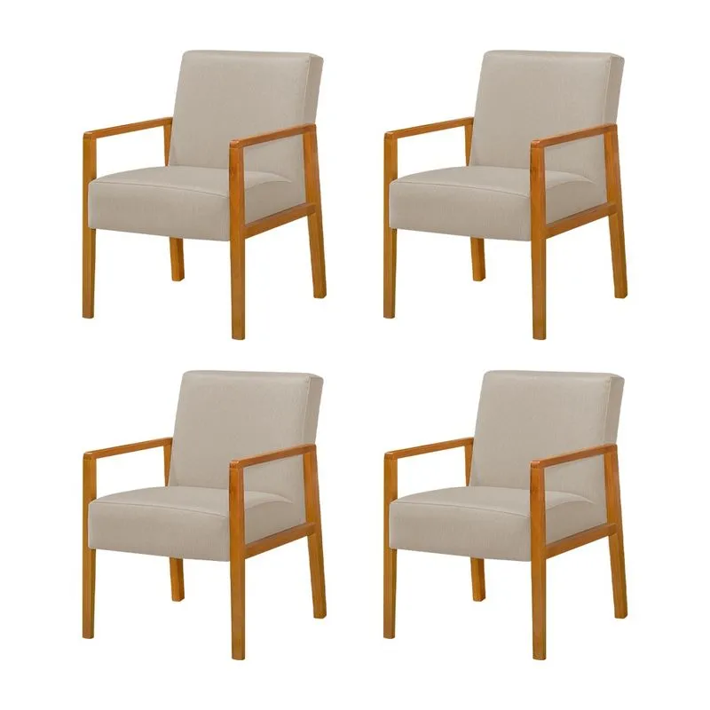 Kit 4 Poltronas Base em Madeira Maciça Decorativa Bora Bora Linho Capuccino