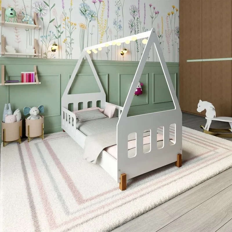 Cama Infantil Montessoriana Susy com Led e Grades de Proteção Branco/mel