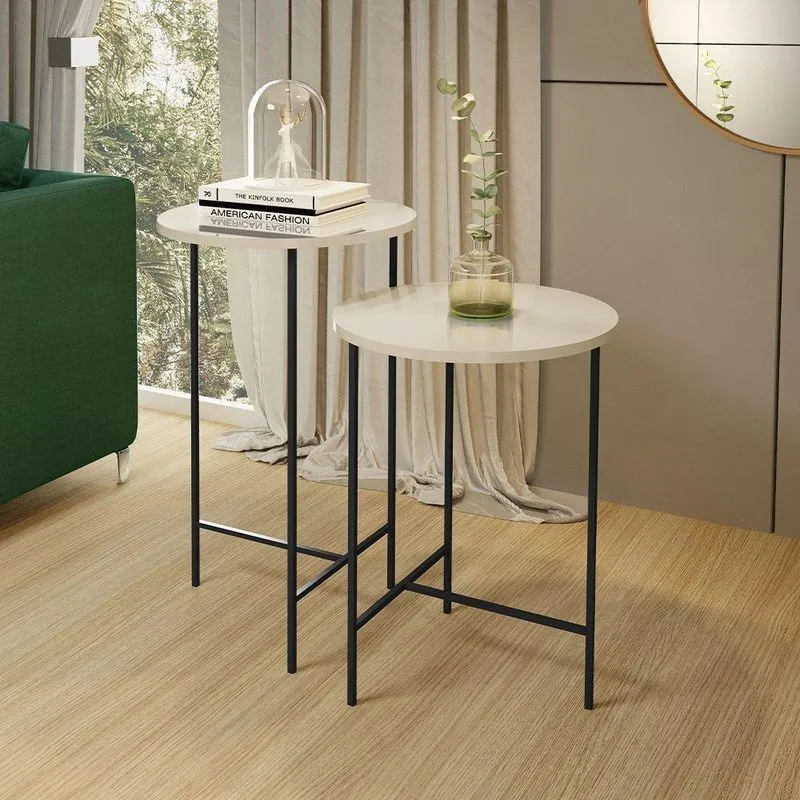 Kit 2 Mesas Lateral Luxo Redonda Para Sala De Estar Lírio - Off White - Branco