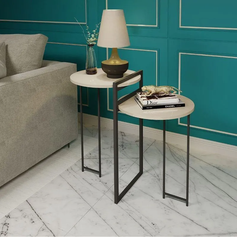 Mesa De Canto Luxo Redonda Orquídea Para Sala E Quarto - Off White - Branco