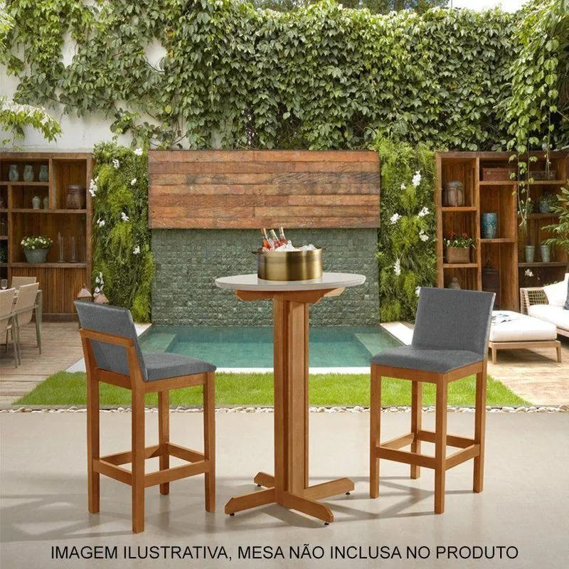 Kit 2 Banquetas Alta Luxo Pérola Com Encosto Estofada Em Linho Cinza Madeira Maciça Castanho