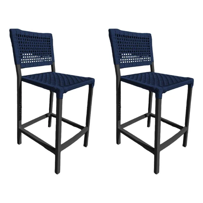 Kit 2 Banquetas França Em Corda Náutica E Base Em Alumínio Preta Para área Gourmet Azul Marinho Azul