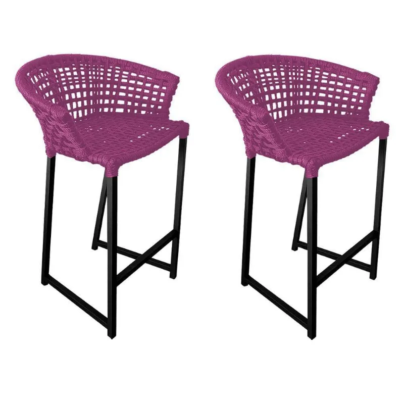 Kit 2 Banquetas Reis Em Corda Náutica E Base Em Alumínio Preta Para área Gourmet Externa Rosa Rosa