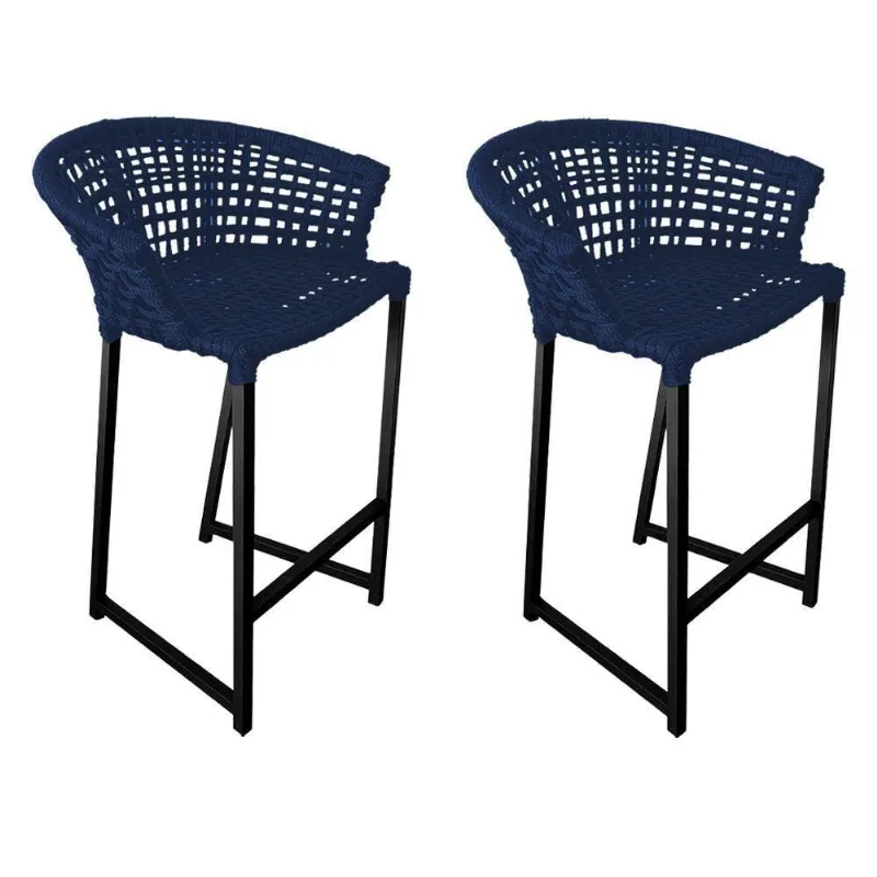 Kit 2 Banquetas Reis Em Corda Náutica E Base Em Alumínio Preta Para área Gourmet Azul Marinho Azul