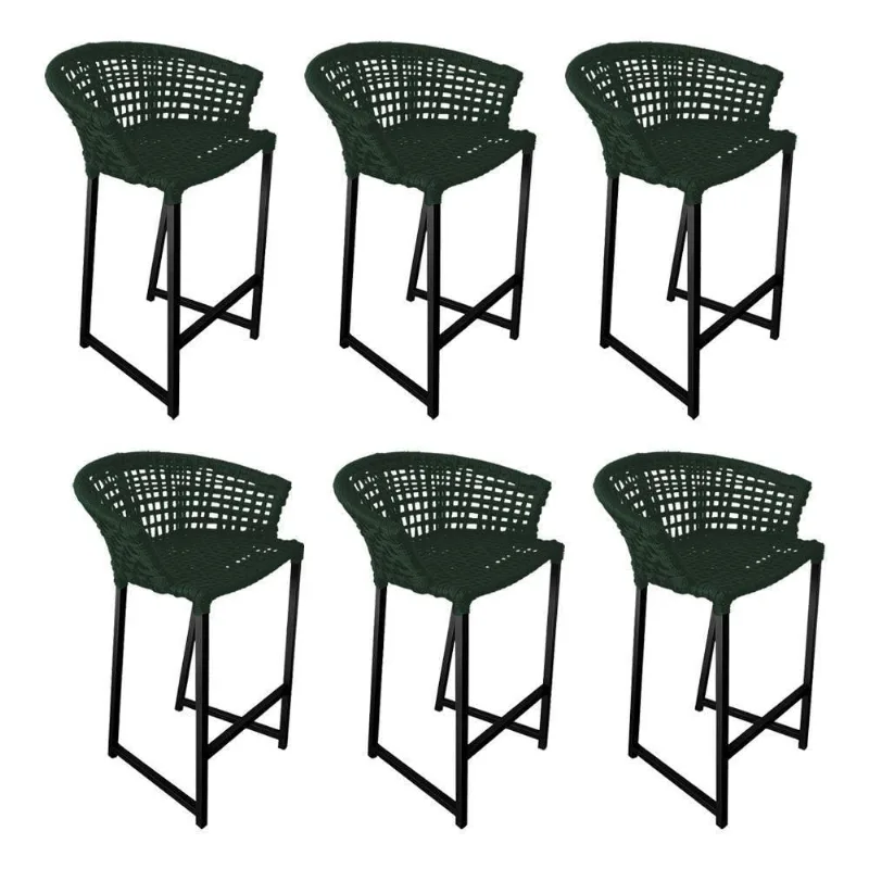 Kit 6 Banquetas Reis Em Corda Náutica E Base Em Alumínio Preta Para área Gourmet Verde Musgo Verde