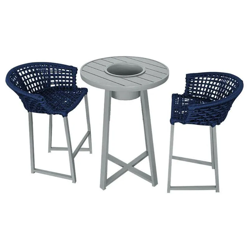 Conjunto Bistrô Champanheira Cinza Tampo Ripado E 2 Banquetas Reis Corda Náutica Azul Marinho Azul