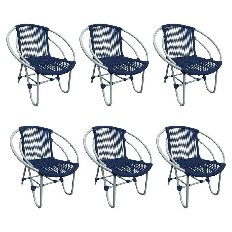 Kit 6 Cadeiras Decorativa Julia Em Corda Náutica E Base Em Alumínio Cinza- Azul Marinho - Cor: Azul