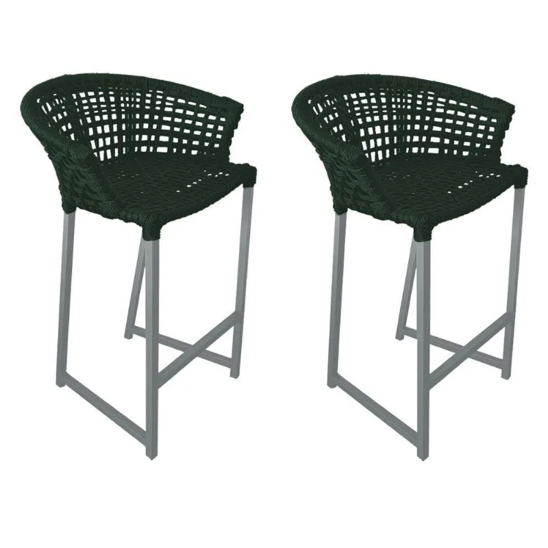 Kit 2 Banquetas Reis Em Corda Náutica E Base Em Alumínio Cinza Para área Gourmet Verde Musgo Verde