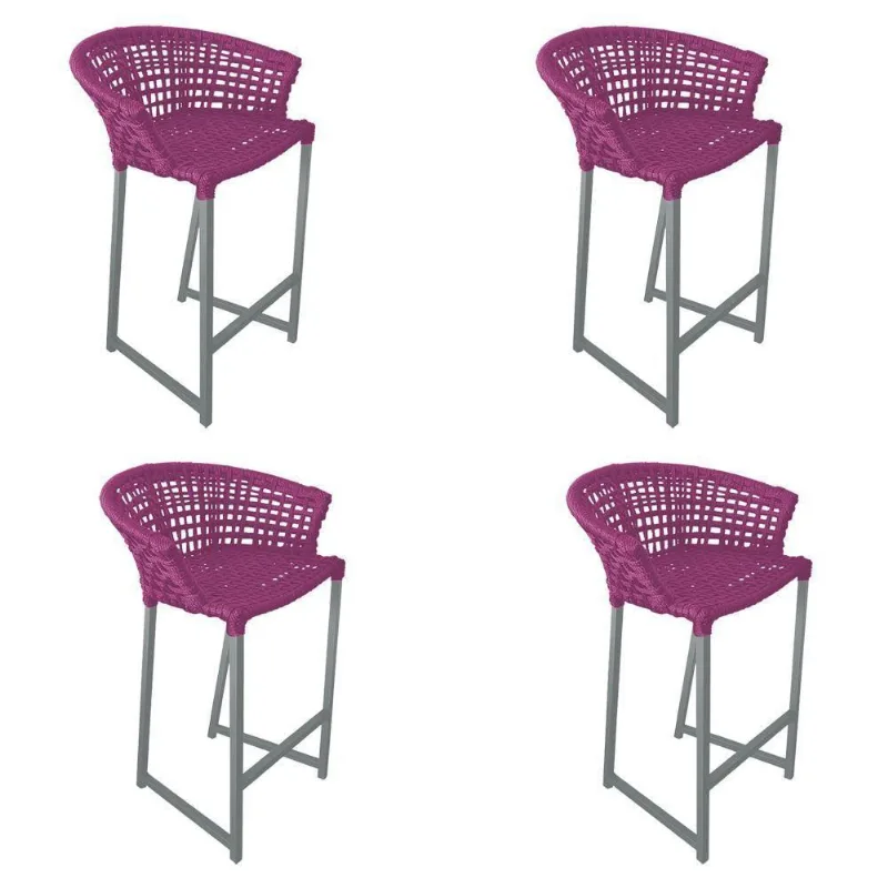 Kit 4 Banquetas Reis Em Corda Náutica E Base Em Alumínio Cinza Para área Gourmet Externa Rosa Rosa