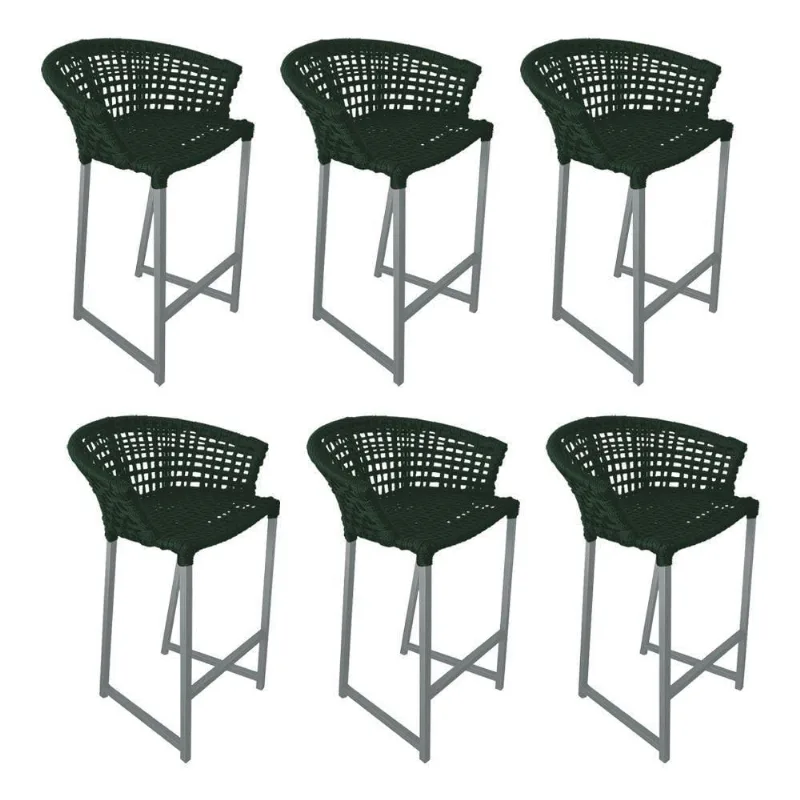 Kit 6 Banquetas Reis Em Corda Náutica E Base Em Alumínio Cinza Para área Gourmet Verde Musgo Verde