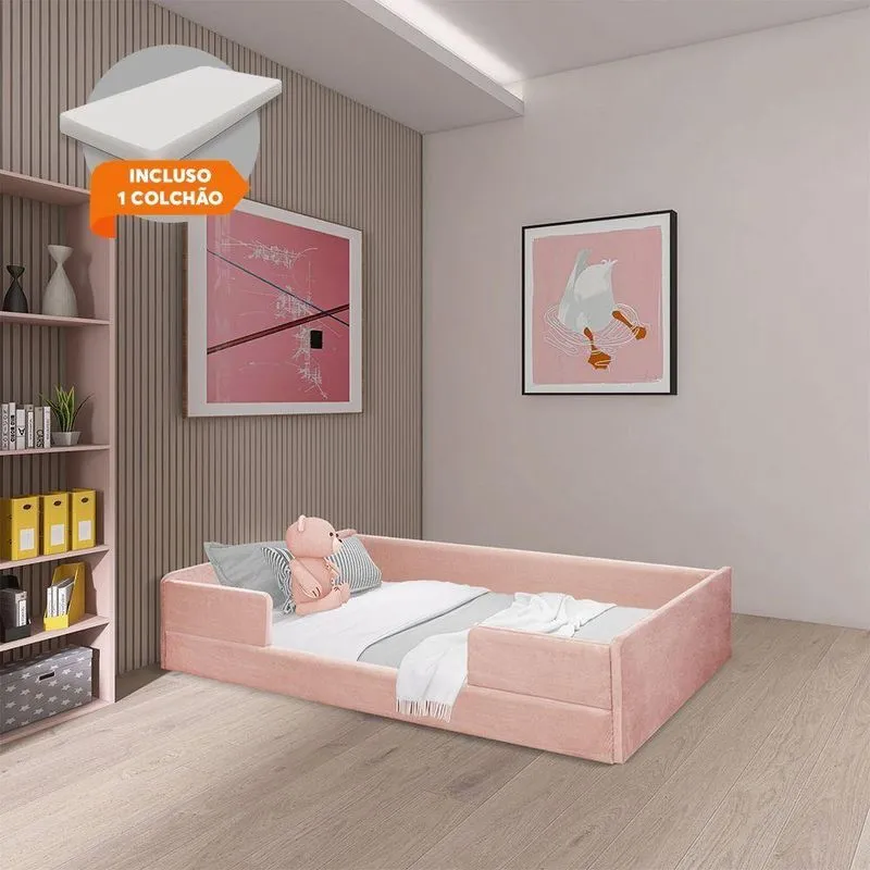Cama Montessoriana Solteiro Com Colchão Em Madeira Maciça Com Revestimento Em Tecido Luana Rosa Rosa