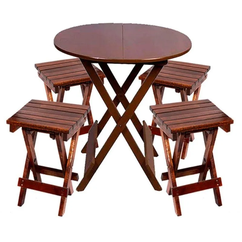 Conjunto De Mesa Dobravel De Madeira 60cm Redondo Com 4 Banquinhos Dobraveis Imbuia - Marrom