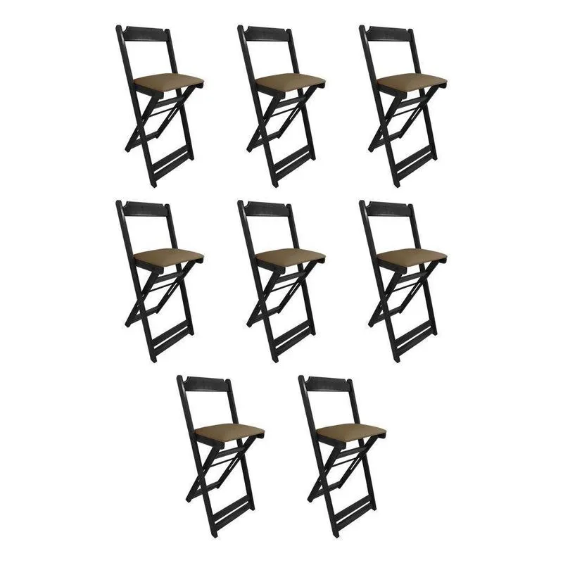 Kit 8 Cadeiras Bistro Dobravel De Madeira Estofada Marrom - Preto