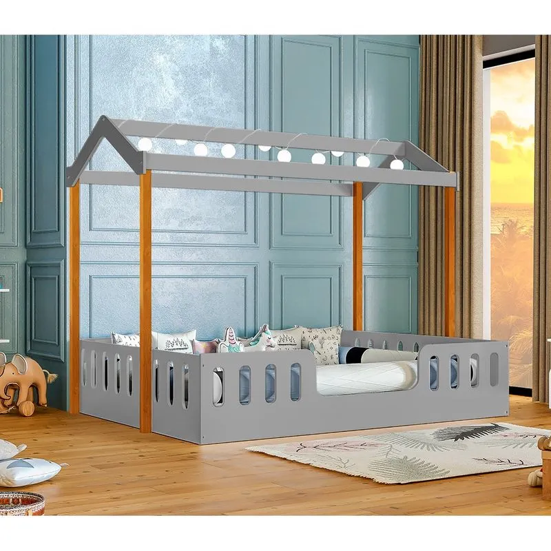 Cama de Criança Infantil Montessoriana Ágatha Casal com Led Cinza/amêndoa