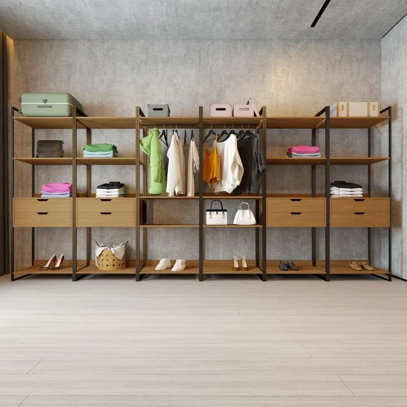 Closet Casal 6 Módulos Industrial Madeira Maciça Com Prateleiras 2 Cabideiros E 8 Gavetas Marrom