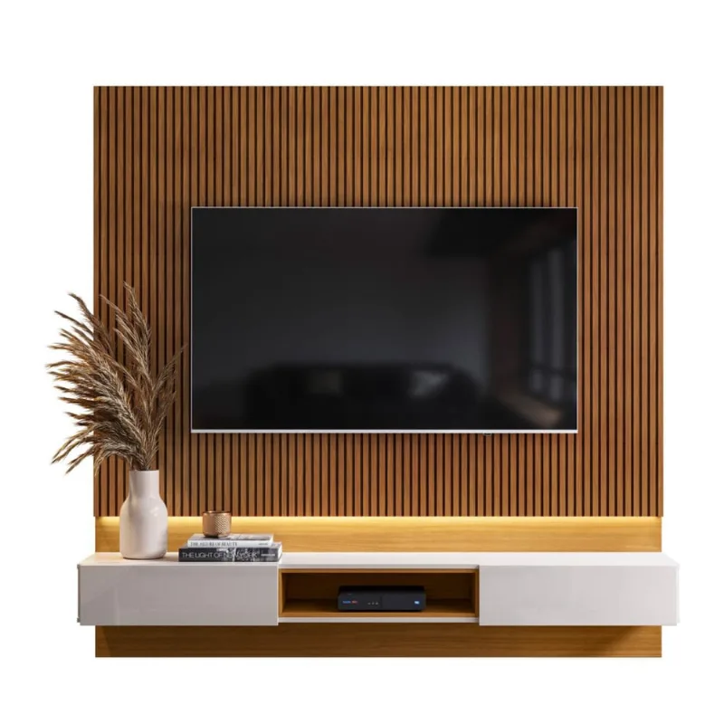 Painel Paris Grande 1.8 Tv Até 70 Polegadas Nicho Decorativo Fita Led 2 Gavetas Espaçosas - Tauari Ripado/Off White Perolizado - rpm Móveis