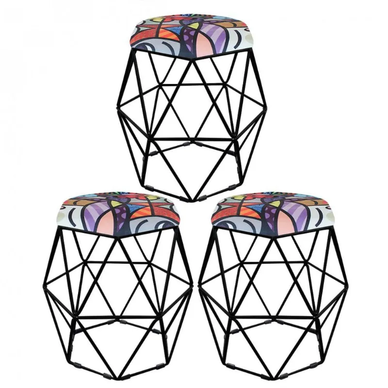 Kit 03 Puff Banqueta Aramado Luna Hexágono Base Preto Romero Brito