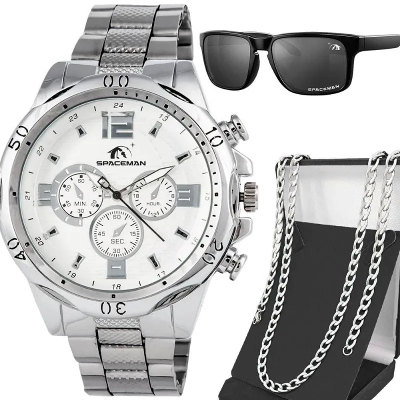 Relogio Aço Inoxidável Masculino Prata + Oculos Sol + Cordao Casual Original Proteção Uv Ponteiro