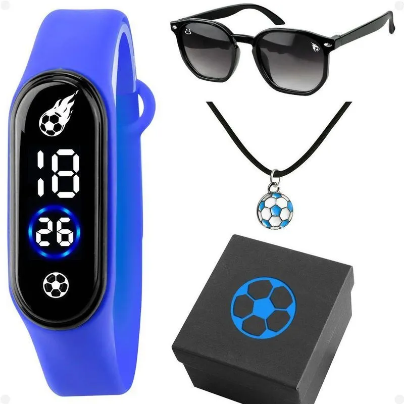 Relogio Infantil Futebol Led + Oculos Sol + Caixa + Colar