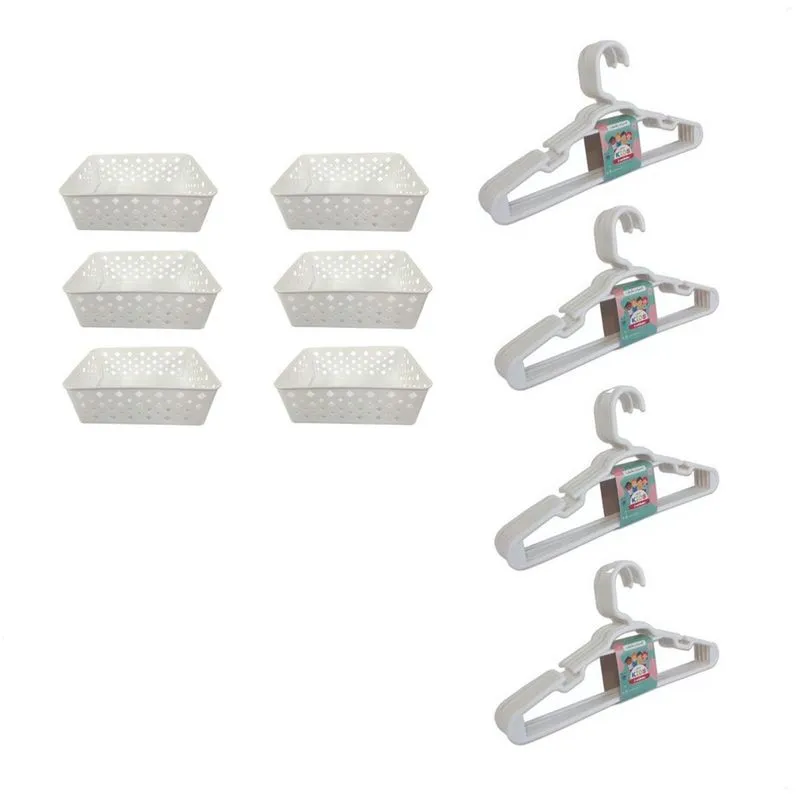 Kit 6 Cestos E 20 Cabides Infantis Organizadores Branco