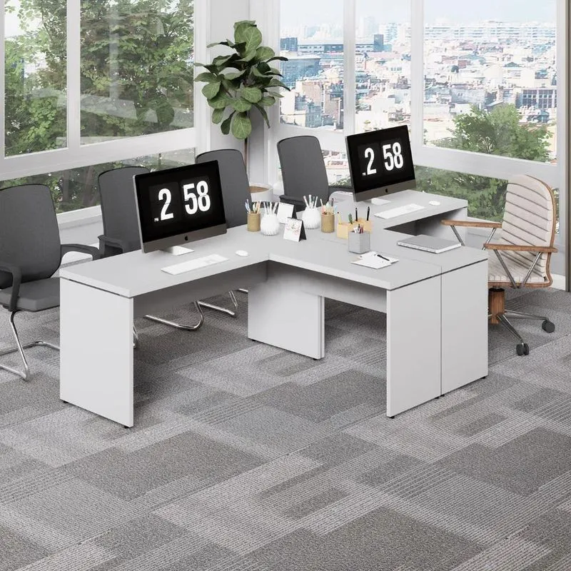 Mesa Em L Escritório 2 Lugares 300cm X 150cm Pés Painel Cinza F5 Office