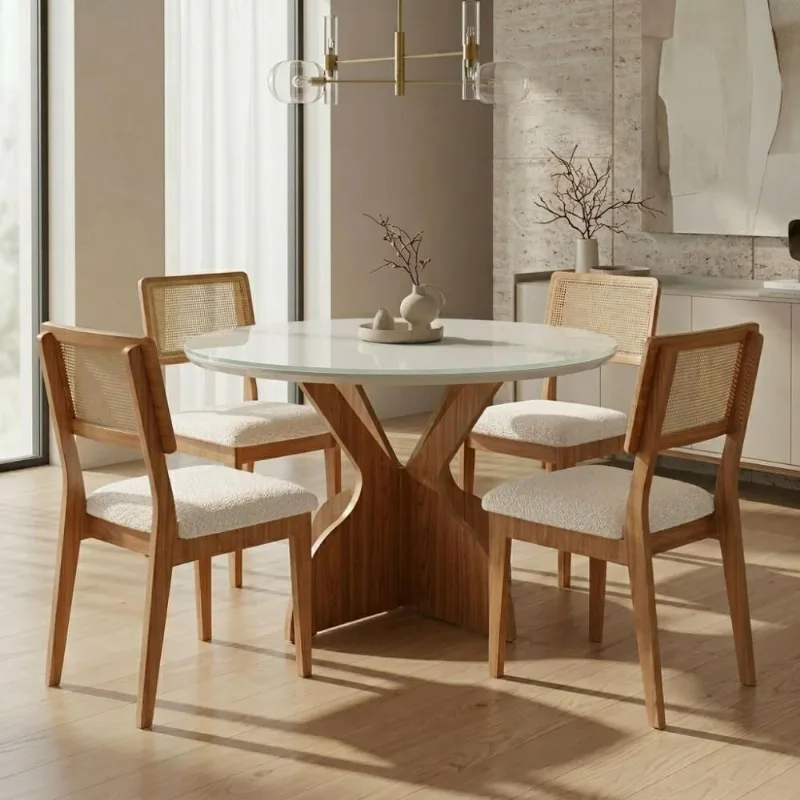 Mesa de Jantar com Tampo de Vidro e 4 Cadeiras 4 Lugares Redonda MDF Freijó com Off White e Bege