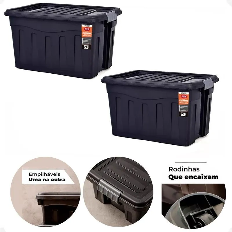 Kit 2 Caixas Contêiner Organizador Multiuso 53 Litros Preto