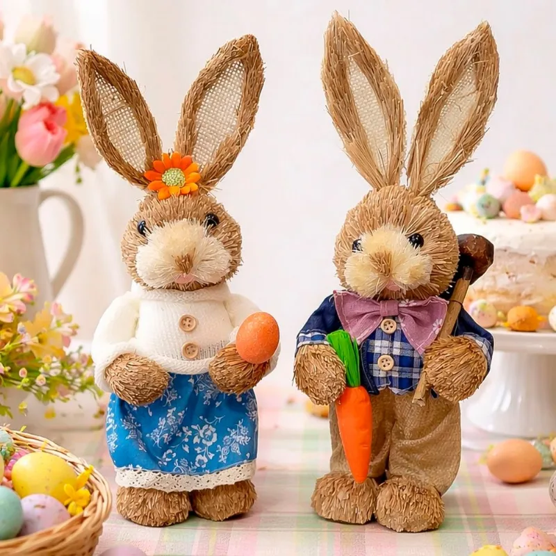 Casal Coelho Coelhinhos Enfeite Decoração Páscoa De 35x31cm