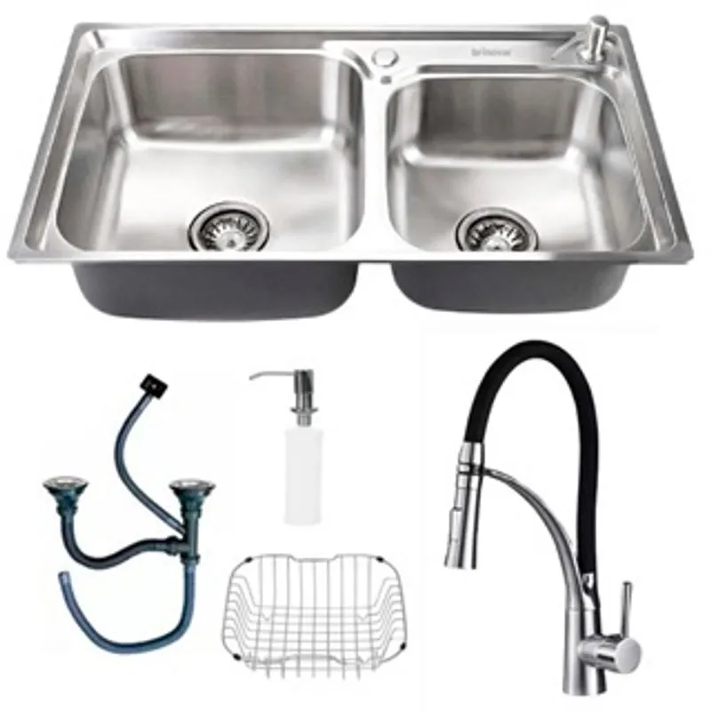 Kit Cuba Pia Dupla Cozinha Gourmet Completa Com Acessórios E Torneira Flexível Silicone Aço Inox Brinovar