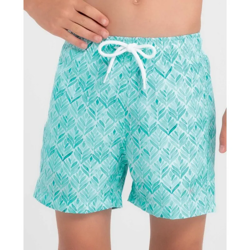 Short Praia Infantil Estampado Folhagem Verde Água Claro G