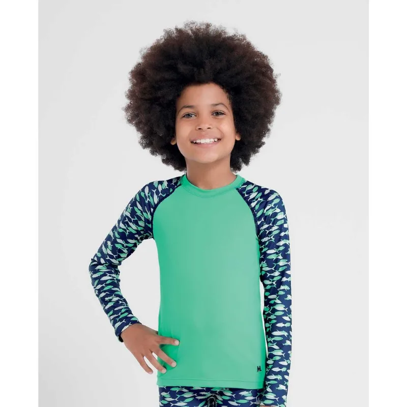 Camiseta Manga Longa Estampada com Proteção Uv Infantil Verde Médio GG