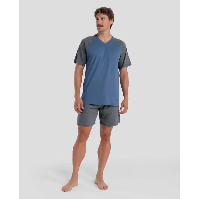 Pijama Curto Raglan Gola V Algodão Azul Jeans Escuro P