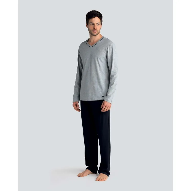 Pijama Manga Longa Algodão Gola V Cinza Mescla Claro 2 M