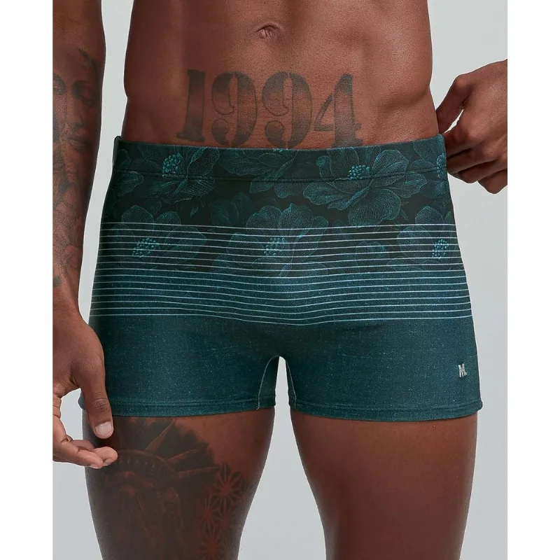 Sunga Boxer Estampada Flores e Listras Verde Petróleo P