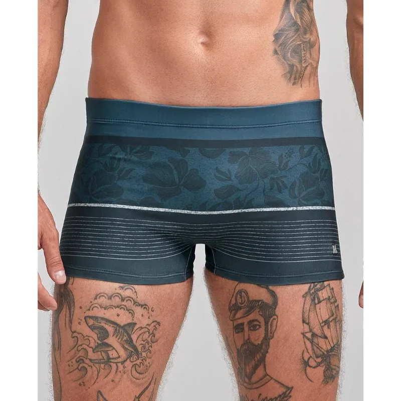 Sunga Boxer Estampada Flores e Listras Azul Marinho GG