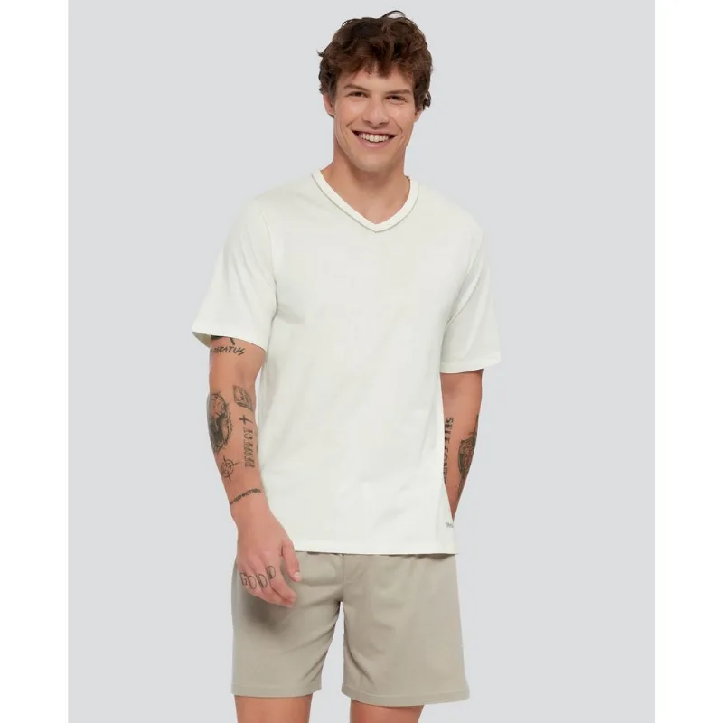 Pijama Curto Algodão com Gola V Vivo e Elástico Embutido Off White GG