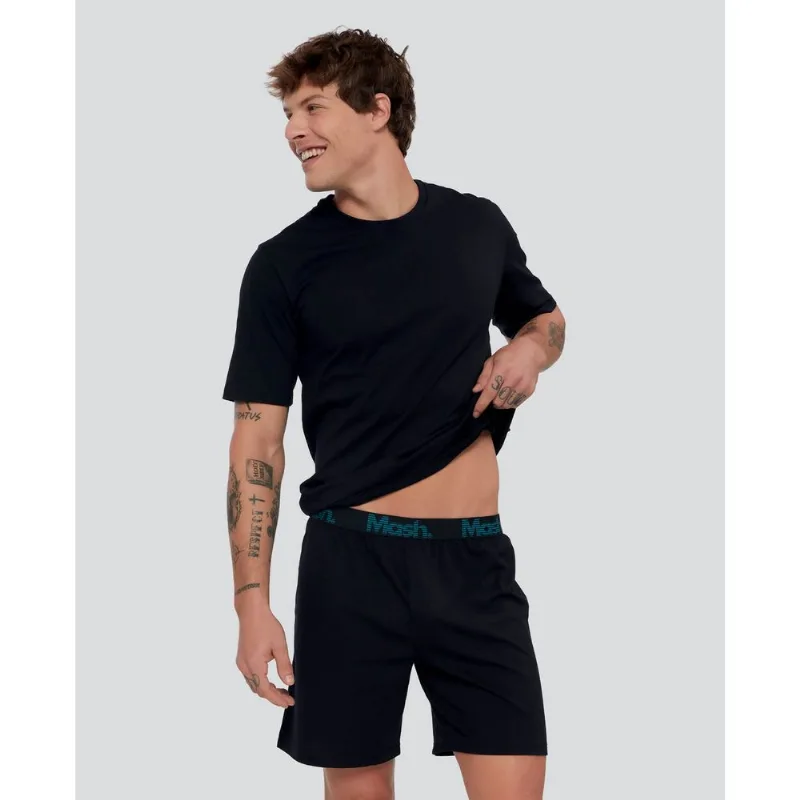 Pijama Curto Algodão com Gola Careca e Elástico Aparente Preto GG